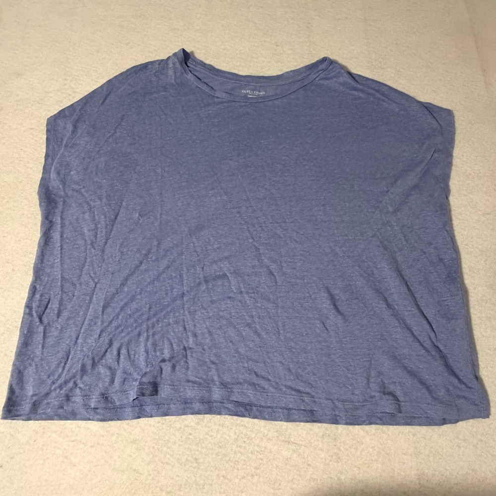 Eileen Fisher Petite Blue 100% Organic Linen Boxy Crew Neck Top Size PL
